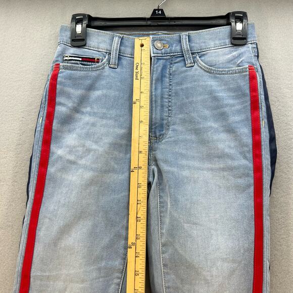 Tommy Jeans Women's 0/25 Light Blue Red Blue Tuxedo Stripes 90s Preppy Jeggings - Picture 4 of 15